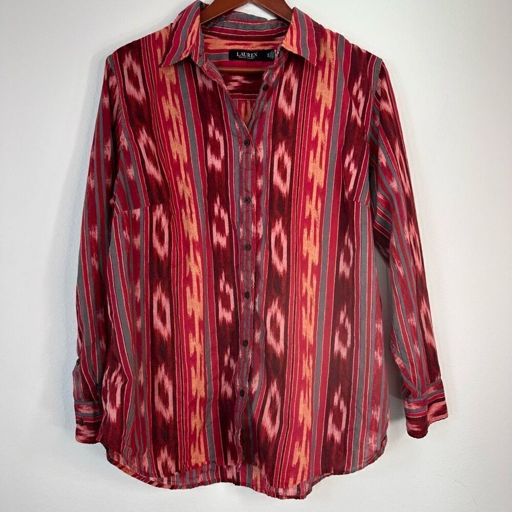 Lauren Ralph Lauren Black Label Boho Geometric Cotton Longsleeve Top Western 1X‎